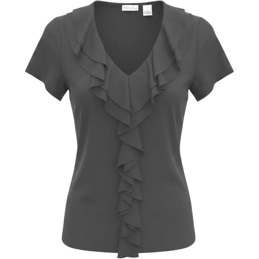 Kim Rogers Black Ruffle Collar V-Neck Short Sleeve Blouse Top Medium